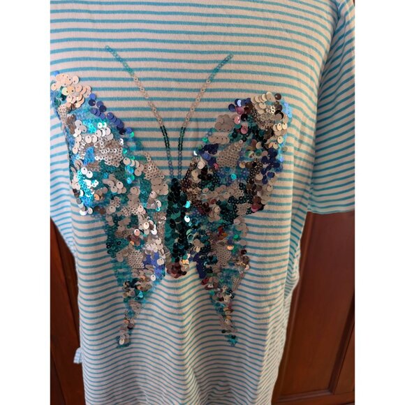 quacker Factory Blue & White Striped Butterfly Sequin T-Shirt 1X Casual Top - Picture 2 of 6
